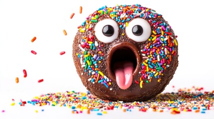 Poster - A chocolate donut with a surprised, wide-open mouth, and colorful sprinkles, isolated on white background.