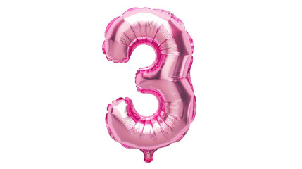 A shiny pink foil number three balloon floats on transparent background