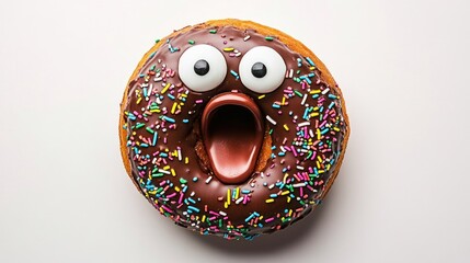 Poster - A chocolate glazed donut with colorful sprinkles and googly eyes, shaped like an excited face, is displayed on a white surface..