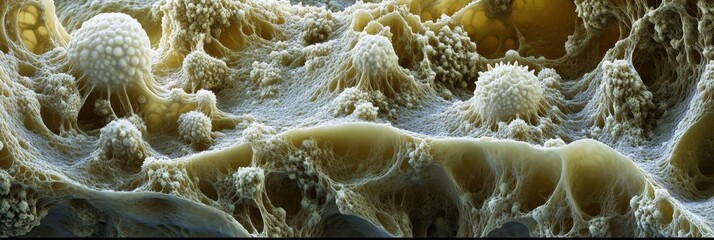 Leinwandbilder - Dense layer of microbes showcasing diverse structures and interactions in a natural habitat under high magnification. Generative AI
