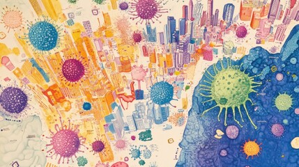 Aufkleber - Playful representation of bacteria colonies depicted as colorful cities in a vibrant map. Generative AI