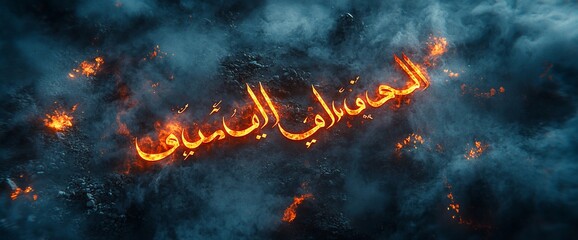 Fiery Arabic calligraphy amidst smoke and embers.