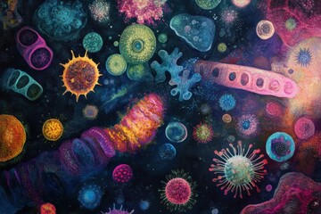 Leinwandbilder - Colorful array of bacteria and microbes showcasing diversity in microorganisms under a dark backdrop. Generative AI