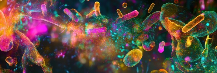 Poster - Abstract illustration of antibiotics interacting with bacteria under a microscope in a vivid color palette. Generative AI