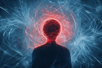 Aufkleber - Person immersed in swirling lines and abstract shapes representing thoughts and emotions in a vivid display. Generative AI