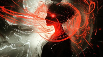 Fototapete - Person in silhouette surrounded by dynamic swirling lines and abstract shapes at night. Generative AI