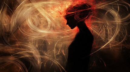 Aufkleber - Surrounded by vibrant swirling lines and abstract shapes in an expressive visual representation of thought and emotion. Generative AI