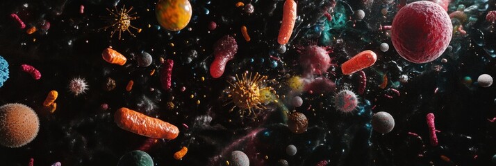Fototapete - Diverse array of bacteria and microbes showcasing microscopic life in various forms and colors. Generative AI