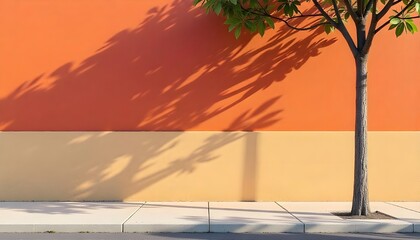 Leinwandbilder - Tree shadow on a terracotta red, brown, and beige house wall with an orange hue. Simple sidewalk exterior, perfect for product mockups or presentations with a natural touch