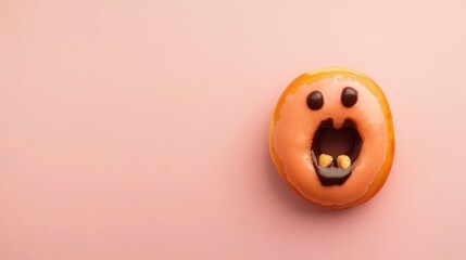 Poster - A single, decorated donut with a ghost face, sitting on a pink background.