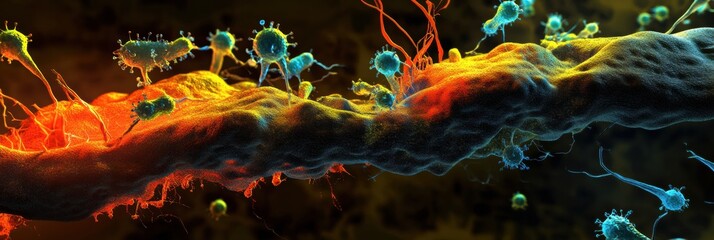 Fototapete - Exploring molecular interactions between microbes in a dynamic environment. Generative AI