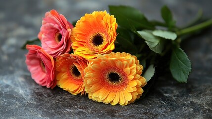 Wall Mural - Gerbera daisies bouquet, stone surface, closeup.