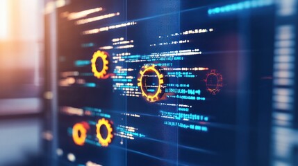 Digital Technology:  A Close-Up View of  Code and Technological Gears on a Computer Screen