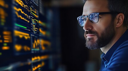 Focused programmer analyzing data on large screen. (1)
