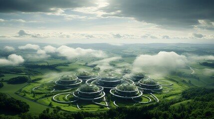 Wall Mural - aerial photograph of a vast cloud infrastructure facility surrounded by green fields