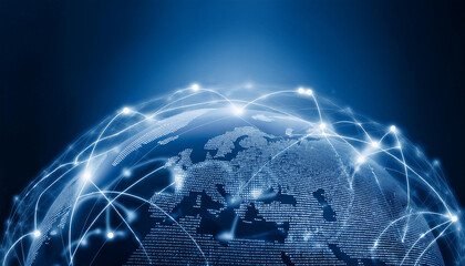 half earth with shiny white light network wireframe digital network communication and business backg