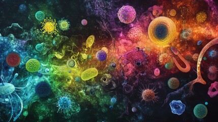 Leinwandbilder - Diverse array of colorful bacteria and microbes in vibrant microenvironment captured under a microscope. Generative AI