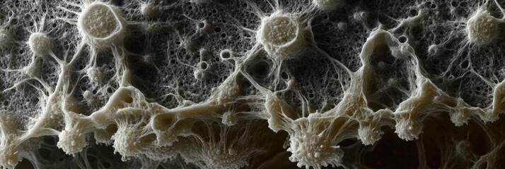 Fototapete - Dense layer of microbes reveals intricate structures in a close up view of biological activity. Generative AI