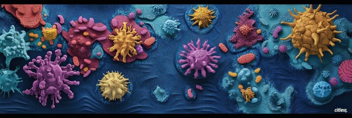 Leinwandbilder - Colorful playful map depicting bacteria colonies as cities in a vibrant world of microorganisms. Generative AI