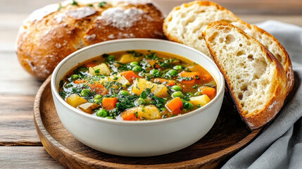 Canvas Print - bowl of hearty vegetable soup with crusty bread on wooden table