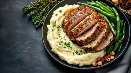 Sticker - Delicious meatloaf served with creamy mashed potatoes and green beans