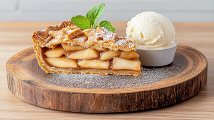 Sticker - delicious slice of apple pie served with vanilla ice cream and mint