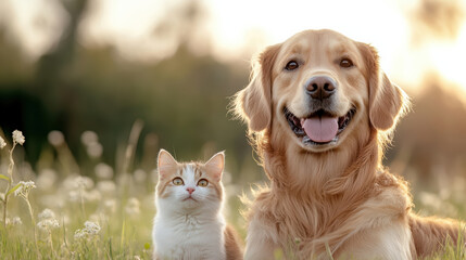 Sticker - dog and cat sharing moment of joy in sunny meadow