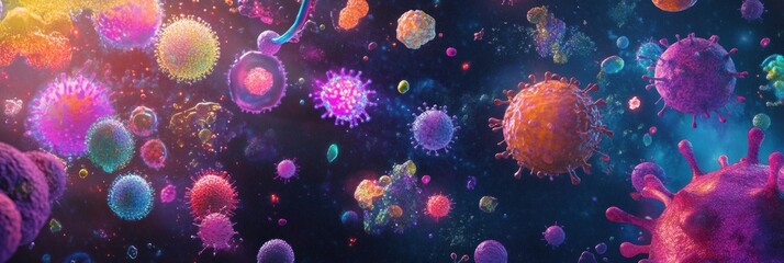 Leinwandbilder - Vibrant display of diverse bacteria and microbes in a colorful environment illustrating microscopic life. Generative AI