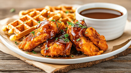 Sticker - Delicious chicken and waffles served with syrup on rustic plate