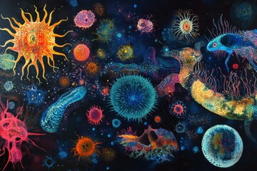 Leinwandbilder - Exploring an array of bacteria and microbes in vibrant colors and forms showcasing their diversity and complexity. Generative AI