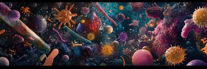 Fototapete - Array of diverse bacteria and microbes in a vibrant microscopic landscape showcasing their intricate shapes and colors. Generative AI
