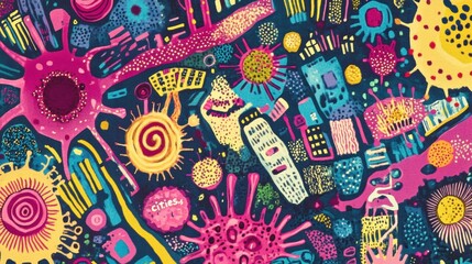 Aufkleber - Playful map of bacteria colonies depicted as vibrant cities with colorful designs inviting exploration and curiosity. Generative AI