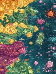 Aufkleber - Colorful and playful map representing bacteria colonies as vibrant cities in a whimsical exploration of microbial life. Generative AI