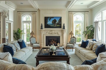 Wall Mural - A luxurious Queen Anne house style living room featuring elegant furniture, a fireplace, and large windows. The space is adorned with decorative pillows and a beautiful painting above the mantel.