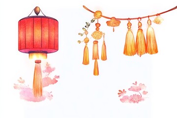 Wall Mural - A vibrant illustration of a red lantern and decorative tassels, symbolizing warmth and celebration in traditional Asian culture.