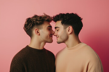 Affectionate couple of men in love, isolated on color background valentines day