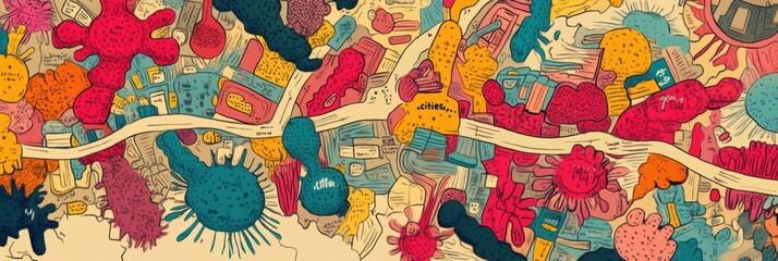 Aufkleber - Creative depiction of bacteria colonies represented as vibrant city landscapes filled with color and imagination. Generative AI