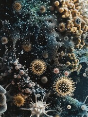 Fototapete - Dense layer of microbes in a vibrant and diverse environment revealing intricate forms and structures. Generative AI