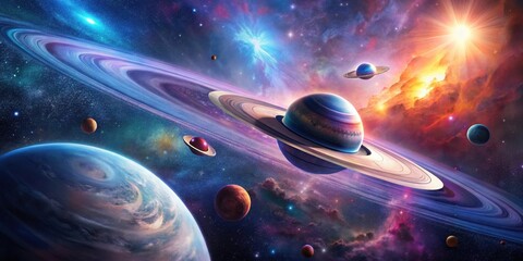 Wall Mural - cosmic panorama a vibrant celestial scene featuring a ringed planet, nebulas, and a radiant star