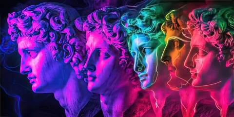 Wall Mural - a mix of classical statue heads and neon overlays.