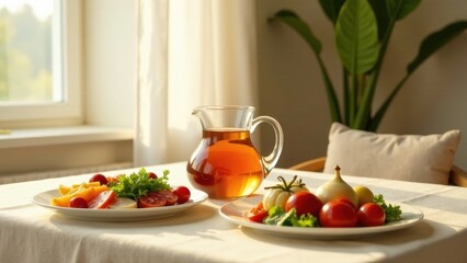 Sticker - Sunlit Table Setting with Fresh Produce and Pitcher of Beverage