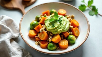 Sticker - A vibrant and healthy meal featuring roasted root vegetables, crunchy cereal, and a creamy avocado dressing served in a rustic bowl