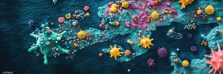 Aufkleber - Playful map depicting colorful bacteria colonies as vibrant cities on a whimsical landscape. Generative AI
