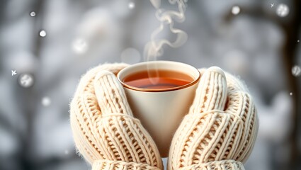 A person is holding a cup of tea in their hands. The cup is white and has steam coming out of it