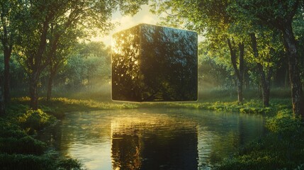 Wall Mural - Mysterious black cube floats in serene forest at sunrise, reflecting in calm water.