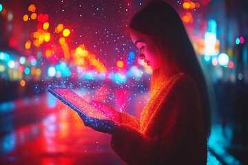 woman using tablet at night, data visualization.