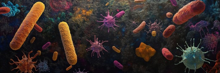 Fototapete - Diverse array of bacteria and microbes thriving in a complex environment created by various microorganisms. Generative AI