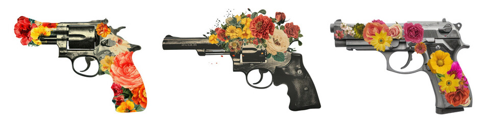 Wall Mural - png vintage gun floral collage, element set on transparent background