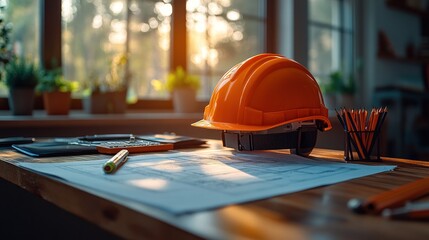 Construction workspace with orange hard hat on blueprints, sunlight filtering through windows, plants in background