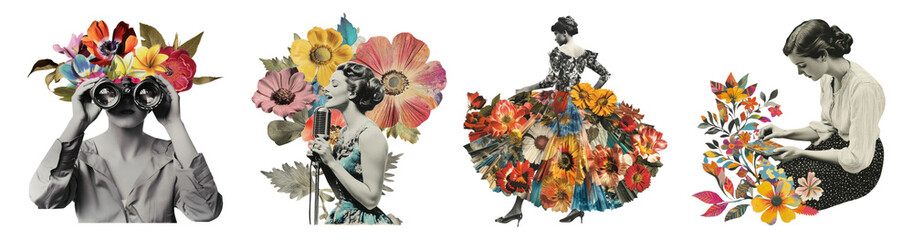 PNG Vintage woman floral collage, element set on transparent background